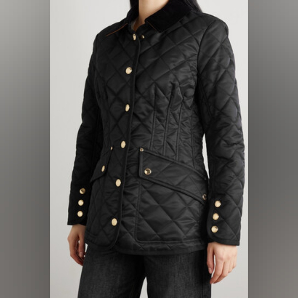 BURBERRY CHECK LINED CORDUROY-TRIMMED QUILTED PADDED SHELL JACKET IN BLACK